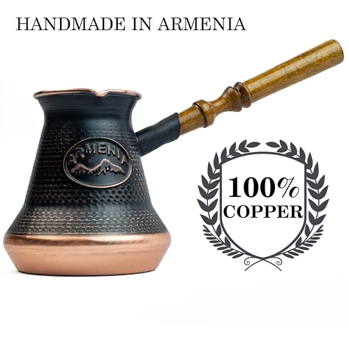 HandCraftoria Handmade Armenian Coffee Pot Maker (7.6 Fl Oz) Copper Jazva Ararat Turkish Arabic Greek Cezve Jezve Ibrik Turka Jazzve Jazve Wooden Handle (7.6 Fl Oz (225ml)) - Image 2