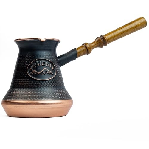 HandCraftoria Handmade Armenian Coffee Pot Maker (7.6 Fl Oz) Copper Jazva Ararat Turkish Arabic Greek Cezve Jezve Ibrik Turka Jazzve Jazve Wooden Handle (7.6 Fl Oz (225ml)) - Image 1
