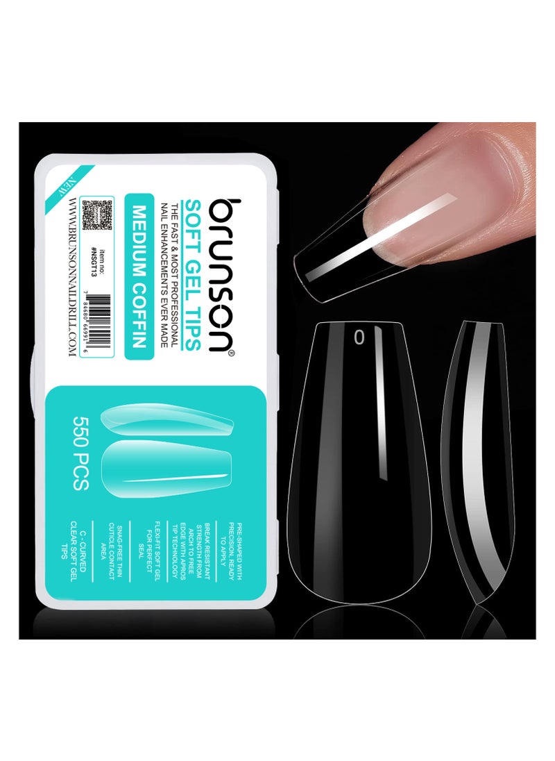 brunson Soft Gel Tips Medium Coffin Full Glossy Thin Curved Clear Nail Tips  - Image 1