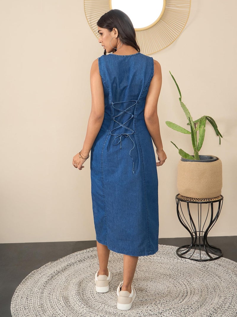 StyleStone Women's Denim Dress with Side Button and Slit (4241BluSideBtnJudeL) Blue - Image 2
