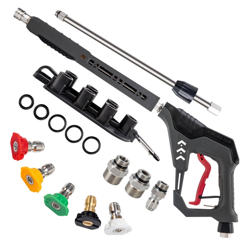 AURORA CAR Pressure Washer Gun with Swivel, with Replacement Wand Extension, with M22 14mm & 15mm Fitting, 3/8" Quick Connect Plug, 5 Nozzle Tips with Nozzle Holder, 5000PSI, 41 Inch, Stainless Steel - Image 1