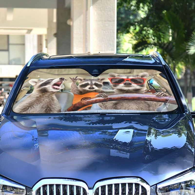 Oarencol Raccoon Driving Car Windshield Sun Shade Funny Animal Music Foldable UV Ray Sun Visor Protector Sunshade to Keep Your Vehicle Cool (55" x 27.6") - Image 2