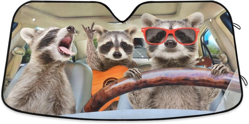 Oarencol Raccoon Driving Car Windshield Sun Shade Funny Animal Music Foldable UV Ray Sun Visor Protector Sunshade to Keep Your Vehicle Cool (55" x 27.6") - Image 1