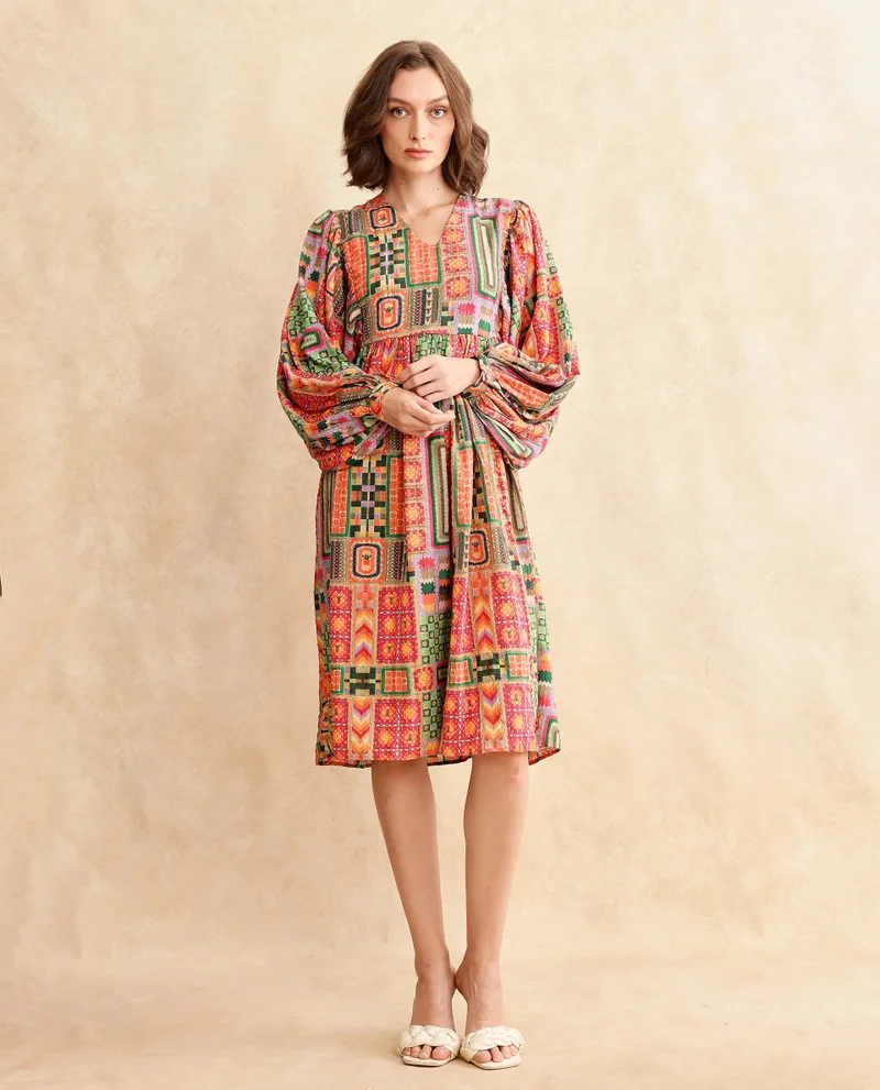 Rareism Women's Bishop Sleeve Flared Midi Dress
