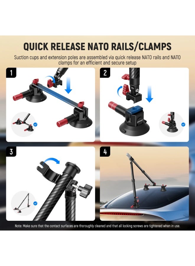 NEEWER Triple Suction Cup Extension Pole Car Mount Kit with Vacuum Pump & NATO Rail – Heavy Duty Car Camera Mount for GoPro, DJI Osmo, Insta360 – Secure Windshield & Hood Action Footage - Image 5