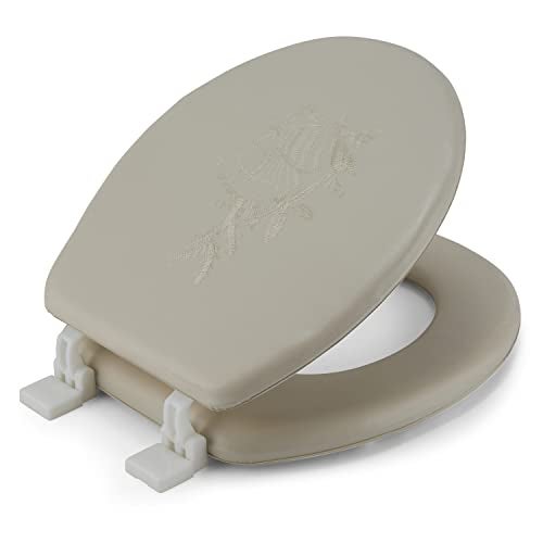 J&V Textiles Embroidered Soft Round Toilet Seat With Easy Clean & Change Hinge, Padded (Beige) - Image 1