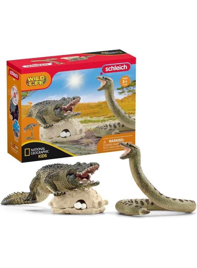 Schleich مجموعة ألعاب الحيوانات البرية من شلايش - 5 قطع للأطفال من عمر 3 سنوات فما فوق، خطر في المستنقع مع تمساح وثعبان - Image 1