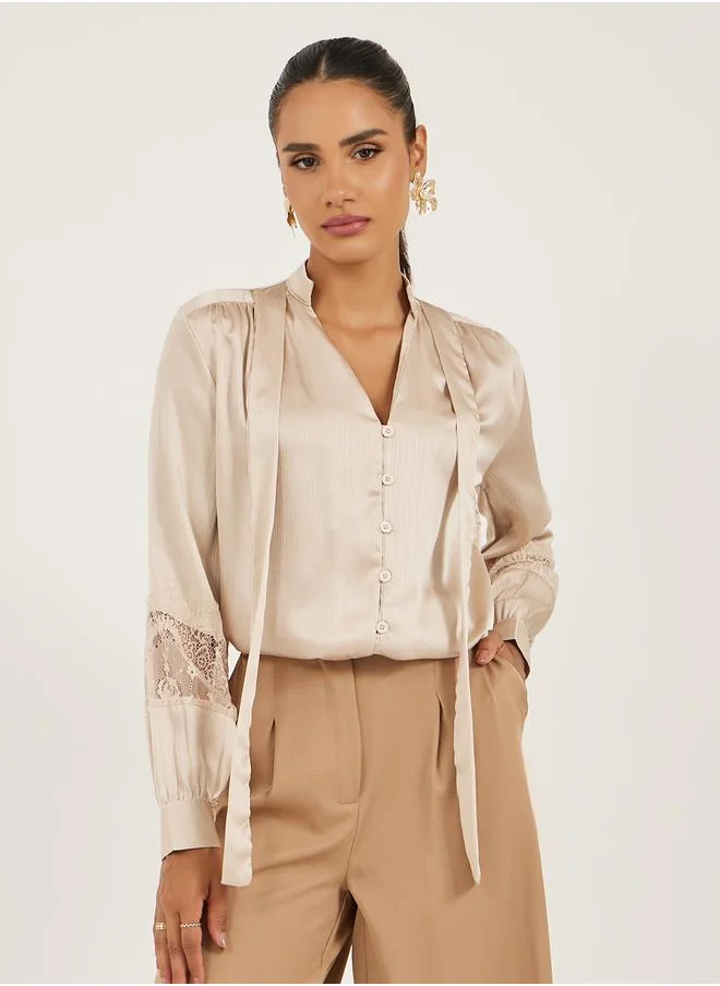ستايلي Styli Lace Insert Tie-Up Neck Buttoned Blouse