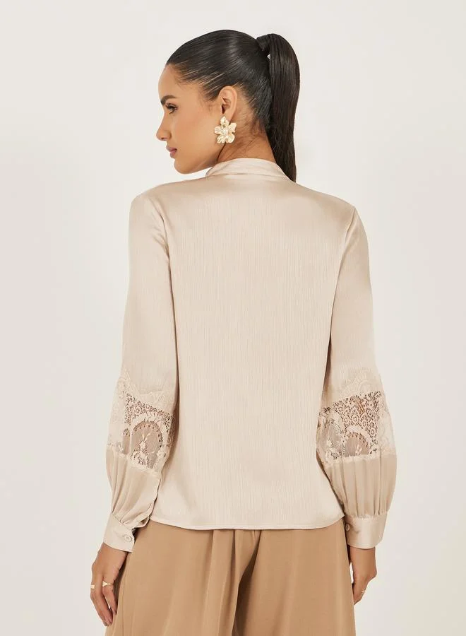 Styli Styli Lace Insert Tie-Up Neck Buttoned Blouse