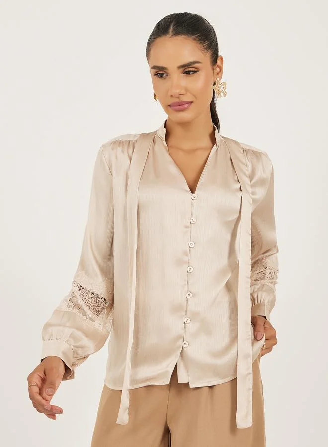 Styli Lace Insert Tie-Up Neck Buttoned Blouse