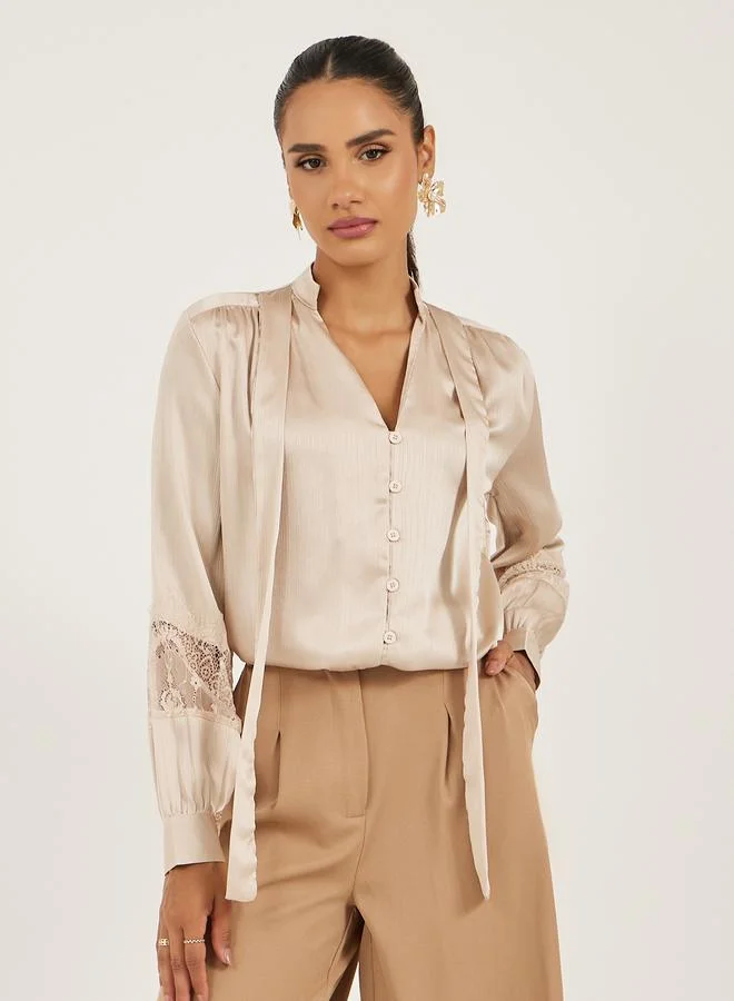 Styli Lace Insert Tie-Up Neck Buttoned Blouse