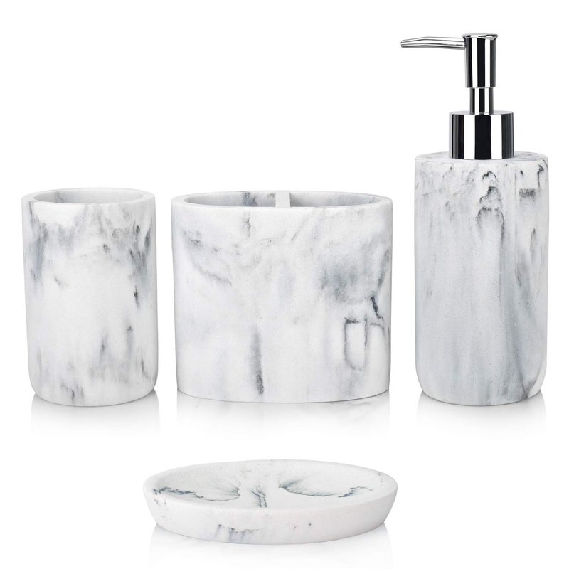 LARL GMVOI Bathroom Accessories Set4 Pieces Marble Bathroom Vanity Countertop Accessory Set with Bathroom Toothbrush Holder SetSoap DispenserTumblerSoap Dish for Bathroom Home Decor