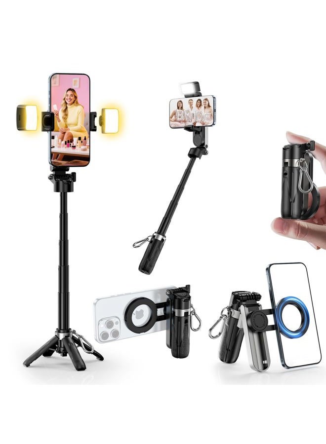 CloudValley Upgraded Magnetic Mini Selfie Stick Tripod with 2 Fill Lights, 4-in-1 Pocket Size Phone Tripod with 360° Rotation, Rechargeable Bluetooth Remote, Foldable Grip for iPhone Vlog Photo Video - Image 1