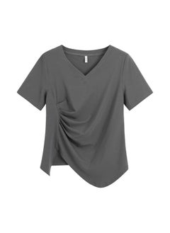 Summer Chubby Girls Plus Size Women's Clothing Niche Design Sense V-neck Short-sleeved Top Shrink Slimming Irregular T-shirt 62370
