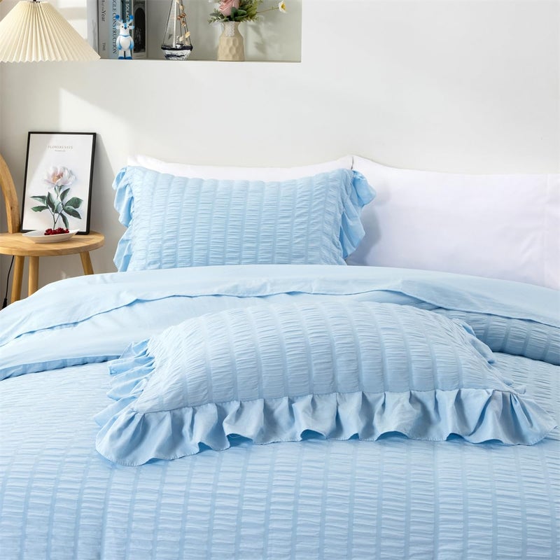 NTBED 5 Pieces Seersucker Comforter Set for Girls Kids, Soft Chic Ruffled Bedding Sets, Boho Princess Bed in a Bag(Blue,Twin) - Image 4