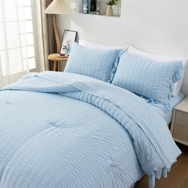 NTBED 5 Pieces Seersucker Comforter Set for Girls Kids, Soft Chic Ruffled Bedding Sets, Boho Princess Bed in a Bag(Blue,Twin) - Image 2