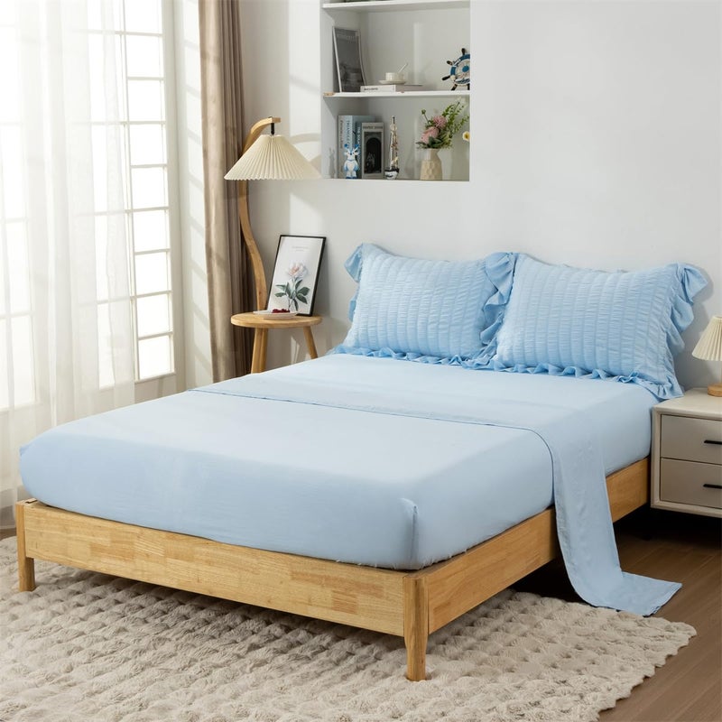 NTBED 5 Pieces Seersucker Comforter Set for Girls Kids, Soft Chic Ruffled Bedding Sets, Boho Princess Bed in a Bag(Blue,Twin) - Image 3