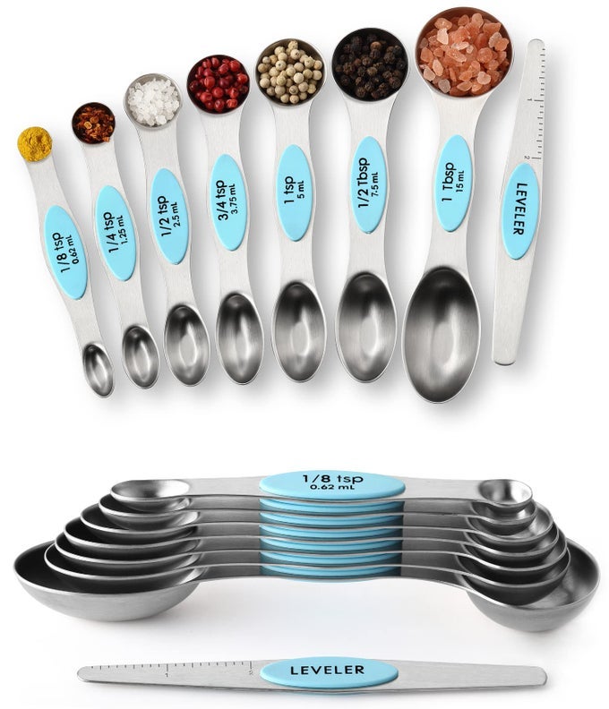 STAINLESS STEEL MAGNETIC MEASURING SPOONS SET OF 8 WITH LEVELER METAL TEASPOON TABLESPOON MEASURING SPOONS WITH STRONG MAGNETS KITCHEN GADGETS FOR BAKING COOKING 2 PACK AQUA SKY
