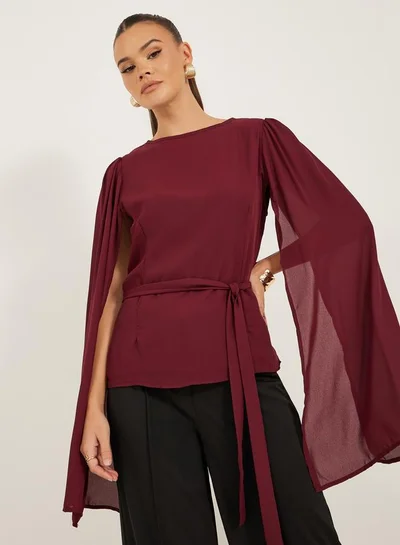 Styli Solid Round Neck Cape Sleeve Blouse
