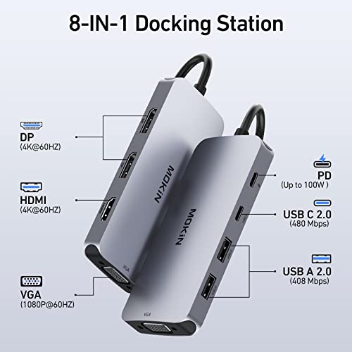Mokin USB C Docking Station Dual DisplayPort 8 in 1 USB Hub with 2 DP HDMI VGA USB C 20 A 20 PD Charging Port Multi Monitor Adapter for DellHPLenovo Laptops - Image 3
