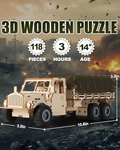 MOCBURIKU Military Truck 3D Wooden Puzzles for Adults to Build DIY Assembly Building Toys with Pull Back Action 118pcs Car Model Building Kits with Removable Cover Creative Gift for Teens and Men - Image 5