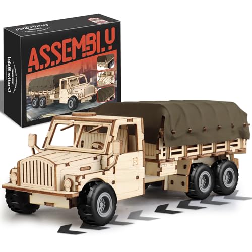 MOCBURIKU Military Truck 3D Wooden Puzzles for Adults to Build DIY Assembly Building Toys with Pull Back Action 118pcs Car Model Building Kits with Removable Cover Creative Gift for Teens and Men - Image 1