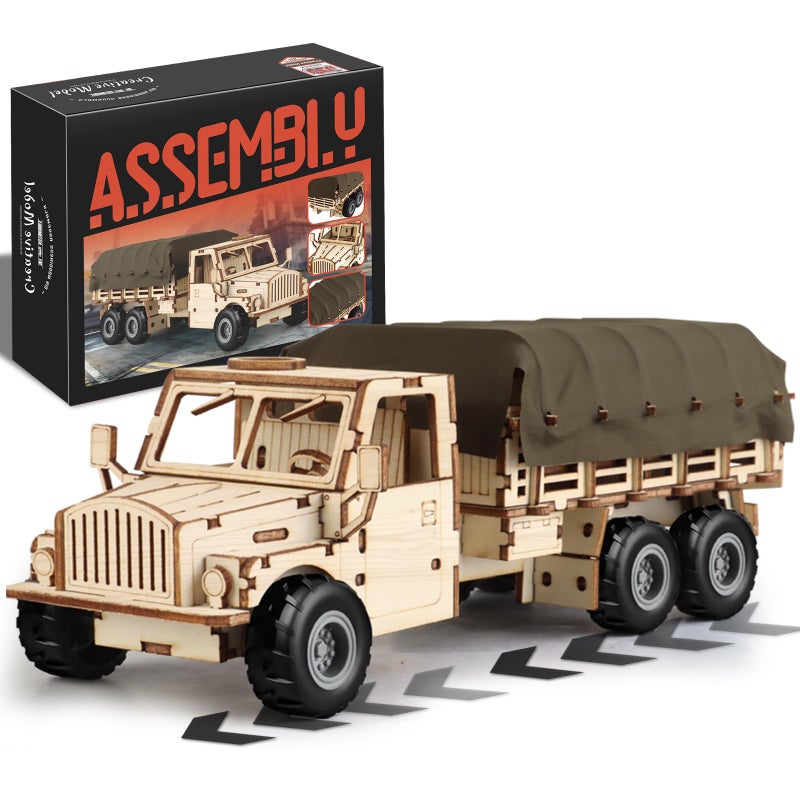 MOCBURIKU Military Truck 3D Wooden Puzzles for Adults to Build DIY Assembly Building Toys with Pull Back Action 118pcs Car Model Building Kits with Removable Cover Creative Gift for Teens and Men - Image 3