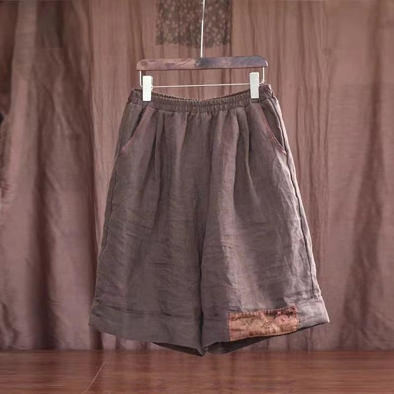 Artistic All-match 2024 Summer New Vintage Cotton and Linen Casual Shorts Stitching Loose Elastomer Slimming Wide Pants dark green