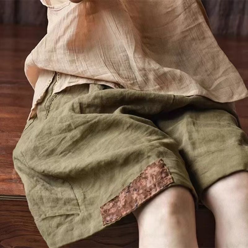 Artistic All-match 2024 Summer New Vintage Cotton and Linen Casual Shorts Stitching Loose Elastomer Slimming Wide Pants dark green
