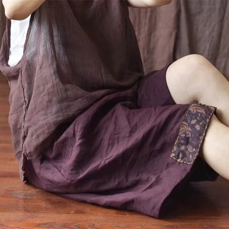 Artistic All-match 2024 Summer New Vintage Cotton and Linen Casual Shorts Stitching Loose Elastomer Slimming Wide Pants dark green