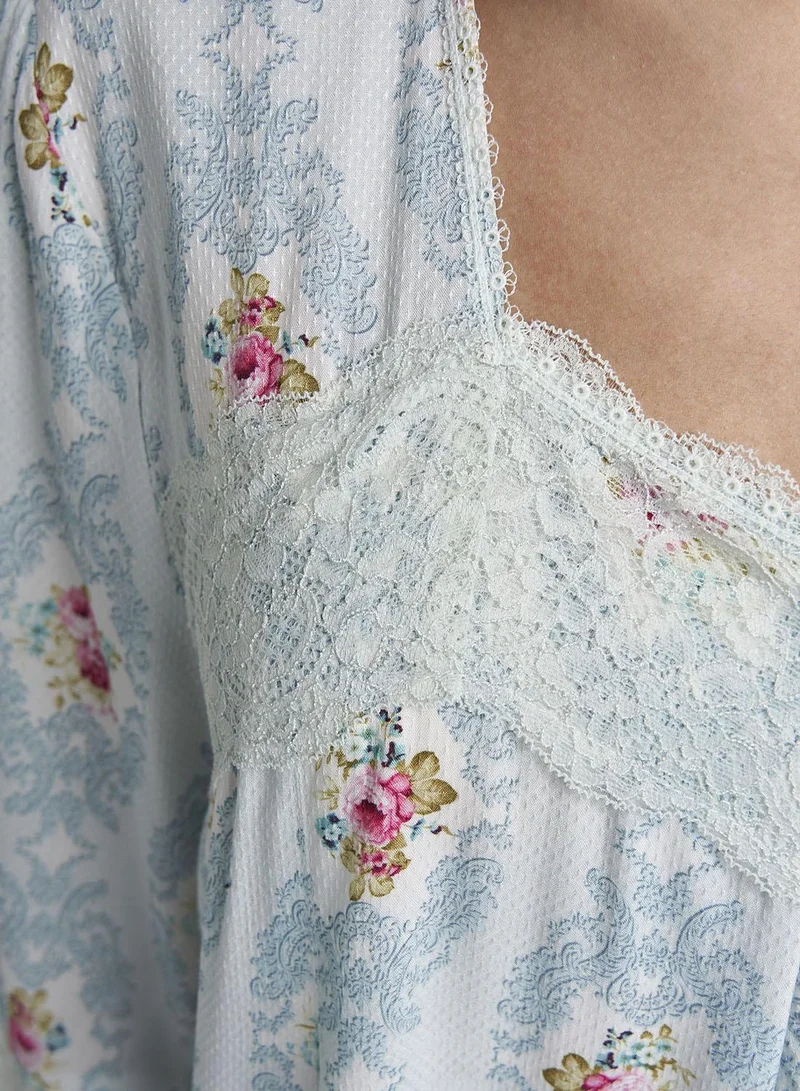 Kashkha  Sky Blue Damask Print Rayon Long Nightwear Dress (CNH493) for Women | Best Price UAE