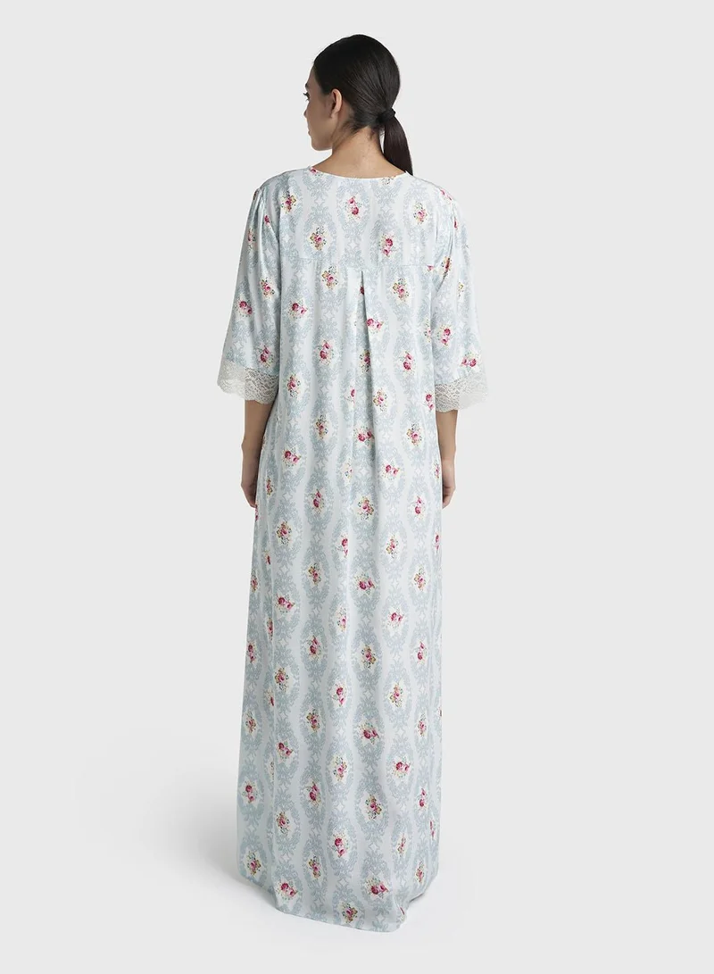Kashkha  Sky Blue Damask Print Rayon Long Nightwear Dress (CNH493) for Women | Best Price UAE