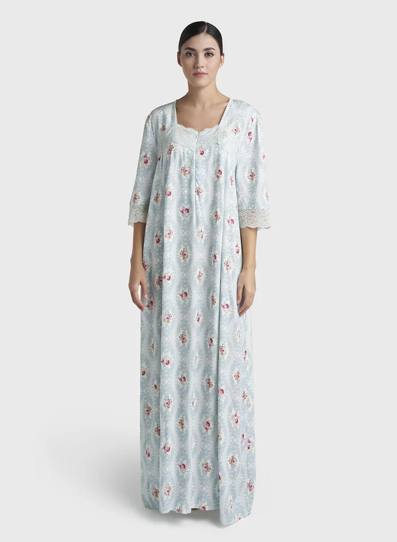 كشخة Sky Blue Damask Print Rayon Long Nightwear Dress (CNH493)