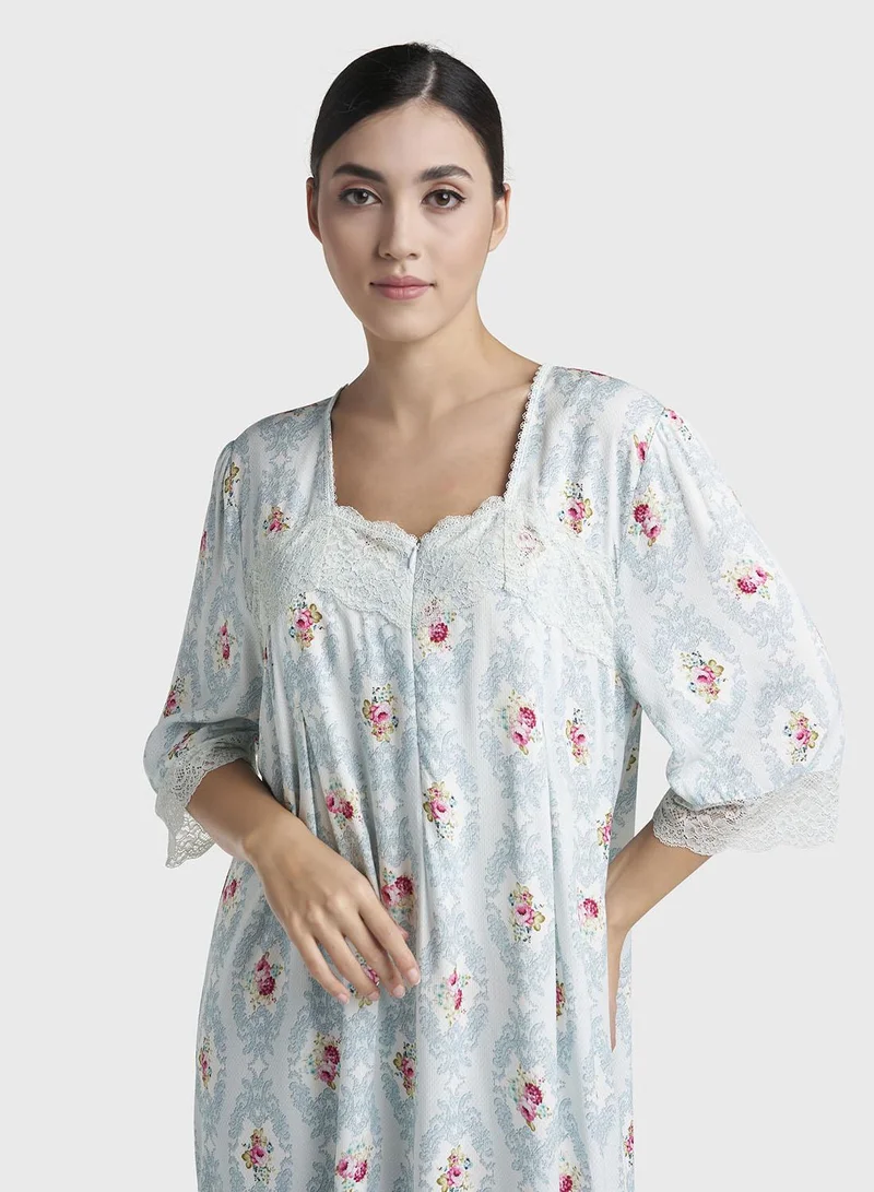 كشخة Sky Blue Damask Print Rayon Long Nightwear Dress (CNH493)