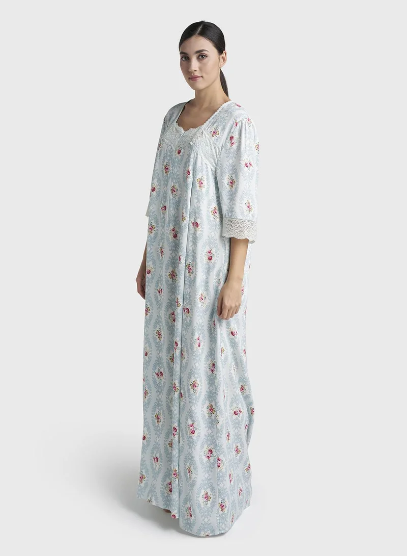 Kashkha  Sky Blue Damask Print Rayon Long Nightwear Dress (CNH493) for Women | Best Price UAE