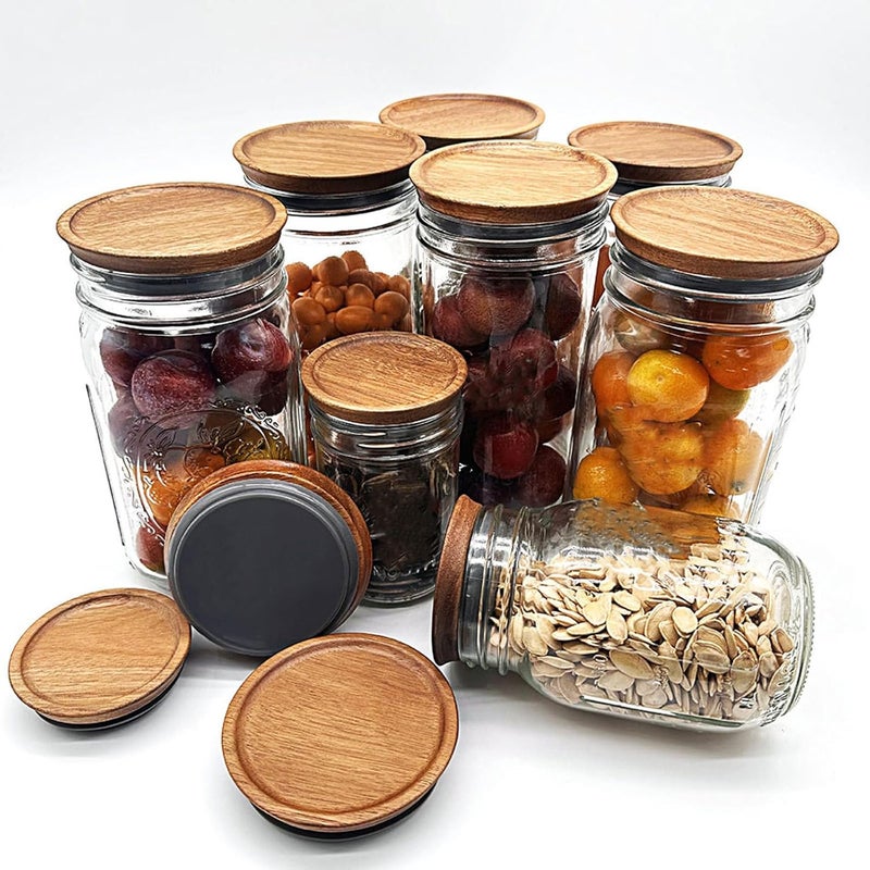 INOOMP Sealed Glass Jar Lids with 70mm Wooden Acacia Covers, Reusable Mason Canister Sealing Caps for Household Storage, 2pcs Set - Image 5