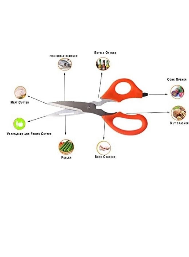 مقص مطبخ متعددة الاستخدام مقص عظم الدجاج مقص عظم السمك، كشط قشور السمك وتقشير البطيخ بفتاحة زجاجات من الفولاذ المقاوم للصدأ - برتقالي - Image 3