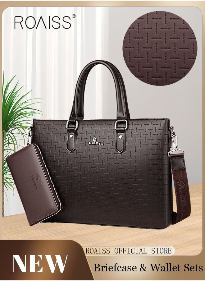 roaiss Classic PU Business Leather Briefcase with One Clutch 14 Inch Laptop Bag Large Capacity Messenger Soft Top Handle Tote with Long Shoulder Strap Men Travel Office Brown  - Image 1