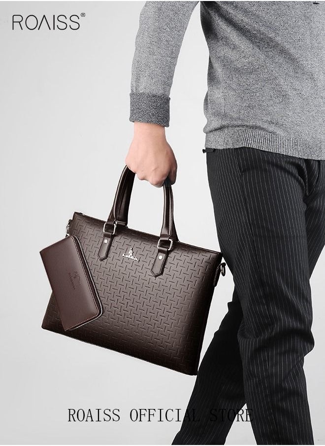 roaiss Classic PU Business Leather Briefcase with One Clutch 14 Inch Laptop Bag Large Capacity Messenger Soft Top Handle Tote with Long Shoulder Strap Men Travel Office Brown  - Image 5