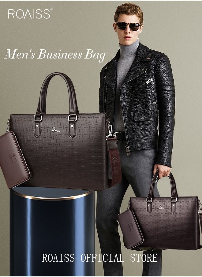 roaiss Classic PU Business Leather Briefcase with One Clutch 14 Inch Laptop Bag Large Capacity Messenger Soft Top Handle Tote with Long Shoulder Strap Men Travel Office Brown  - Image 2