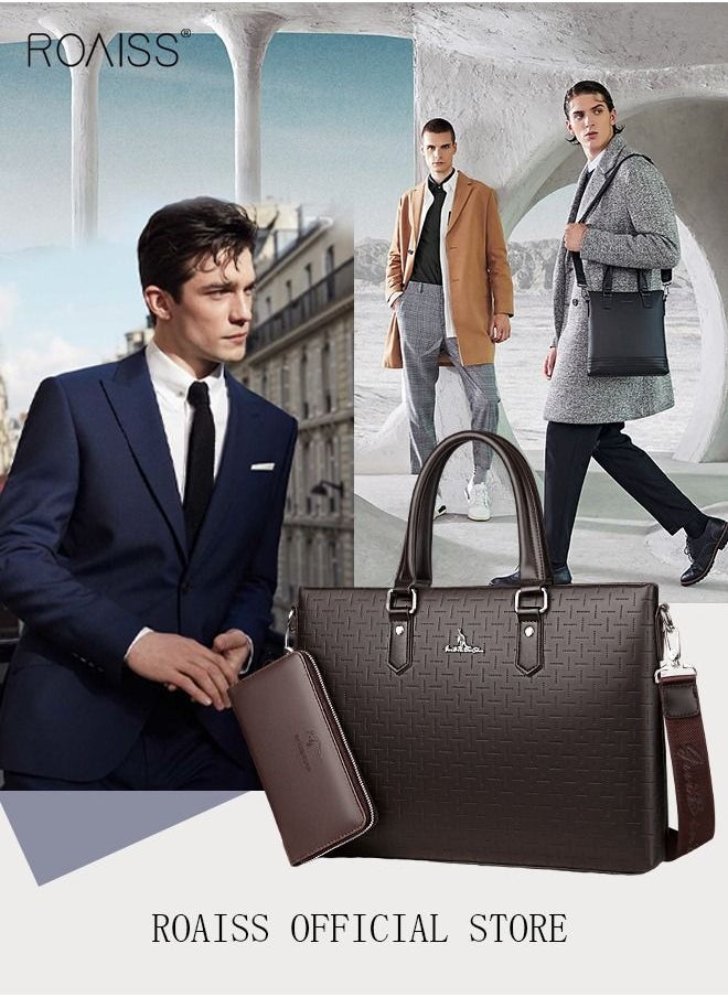 roaiss Classic PU Business Leather Briefcase with One Clutch 14 Inch Laptop Bag Large Capacity Messenger Soft Top Handle Tote with Long Shoulder Strap Men Travel Office Brown  - Image 3