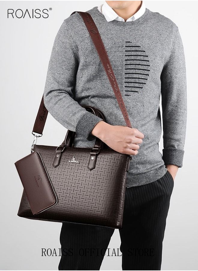 roaiss Classic PU Business Leather Briefcase with One Clutch 14 Inch Laptop Bag Large Capacity Messenger Soft Top Handle Tote with Long Shoulder Strap Men Travel Office Brown  - Image 4