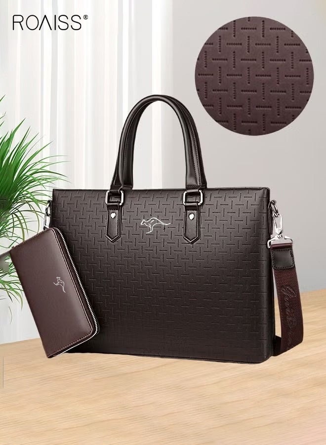 roaiss Men's Classic PU Business Leather Briefcase with One Clutch 14 Inch Laptop Bag Large Capacity Messenger Soft Top Handle Handbag with Long Shoulder Strap Men Travel Office Brown - Image 1