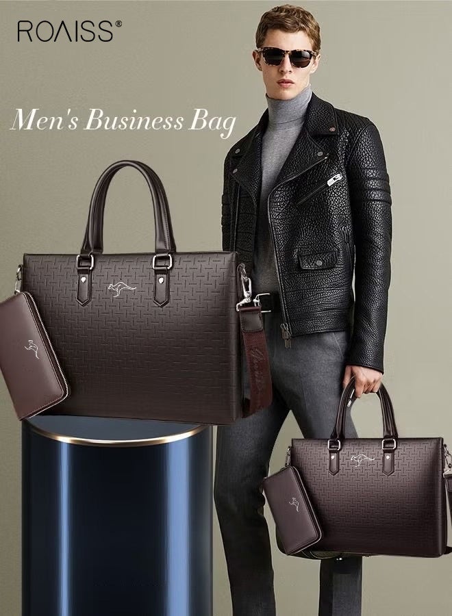 roaiss Men's Classic PU Business Leather Briefcase with One Clutch 14 Inch Laptop Bag Large Capacity Messenger Soft Top Handle Handbag with Long Shoulder Strap Men Travel Office Brown - Image 2