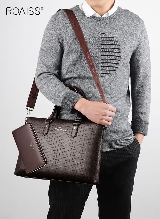 roaiss Men's Classic PU Business Leather Briefcase with One Clutch 14 Inch Laptop Bag Large Capacity Messenger Soft Top Handle Handbag with Long Shoulder Strap Men Travel Office Brown - Image 5