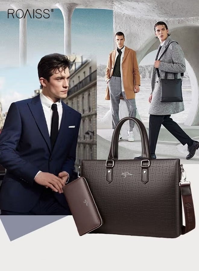 roaiss Men's Classic PU Business Leather Briefcase with One Clutch 14 Inch Laptop Bag Large Capacity Messenger Soft Top Handle Handbag with Long Shoulder Strap Men Travel Office Brown - Image 3