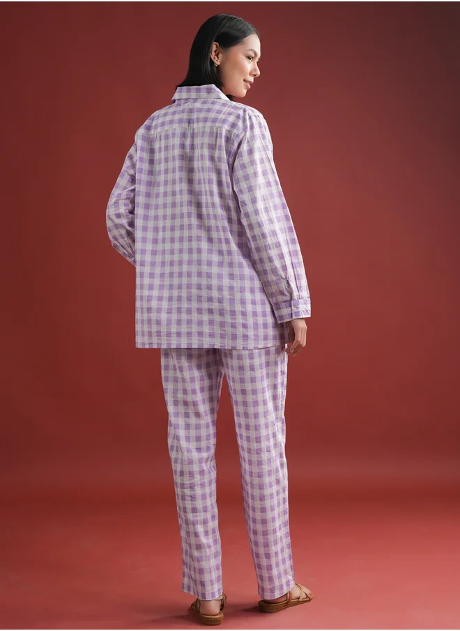 sanskrutihomes Sanskrutihomes Women Purple Checked Pure Cotton Shirt and Trousers Co-Ords