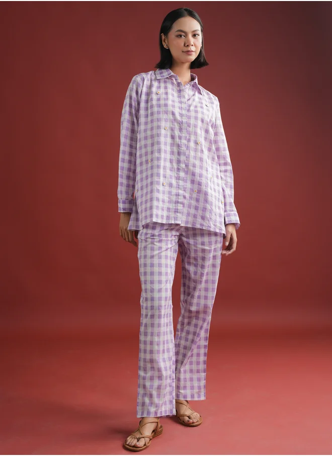sanskrutihomes Sanskrutihomes Women Purple Checked Pure Cotton Shirt and Trousers Co-Ords