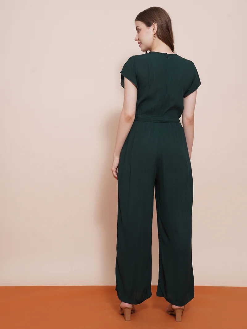 globus Women Wrap Neck Cap Sleeves Waist Tie-Up Wide-Leg Basic Jumpsuit