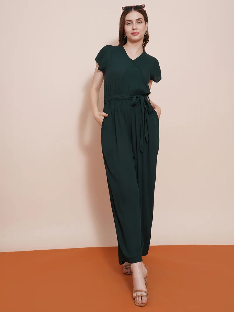 globus Women Wrap Neck Cap Sleeves Waist Tie-Up Wide-Leg Basic Jumpsuit